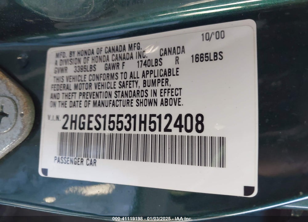 2001 HONDA CIVIC LX VIN: 2HGES15531H512408