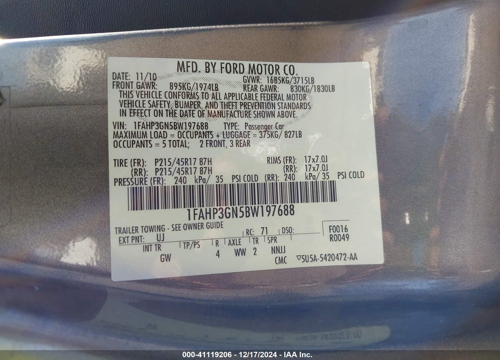 2011 FORD FOCUS SES VIN: 1FAHP3GN5BW197688