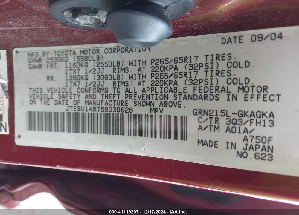 2005 TOYOTA 4RUNNER SR5 SPORT V6 VIN: JTEBU14R758030628