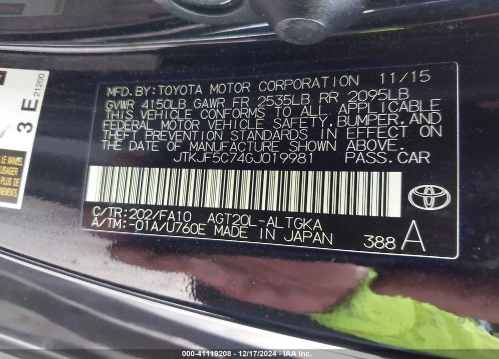 2016 SCION TC VIN: JTKJF5C74GJ019981