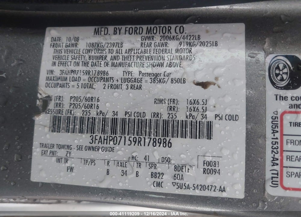 2009 FORD FUSION SE VIN: 3FAHP07159R178986