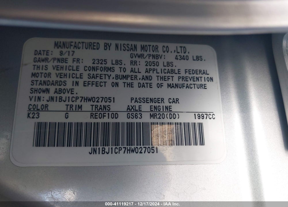 2017 NISSAN ROGUE SPORT SV VIN: JN1BJ1CP7HW027051