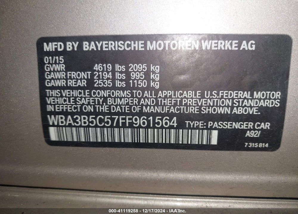2015 BMW 328I XDRIVE VIN: WBA3B5C57FF961564