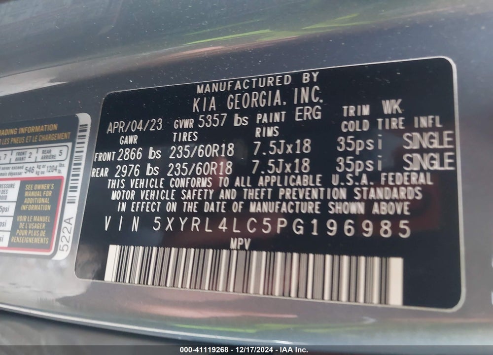 2023 KIA SORENTO S VIN: 5XYRL4LC5PG196985