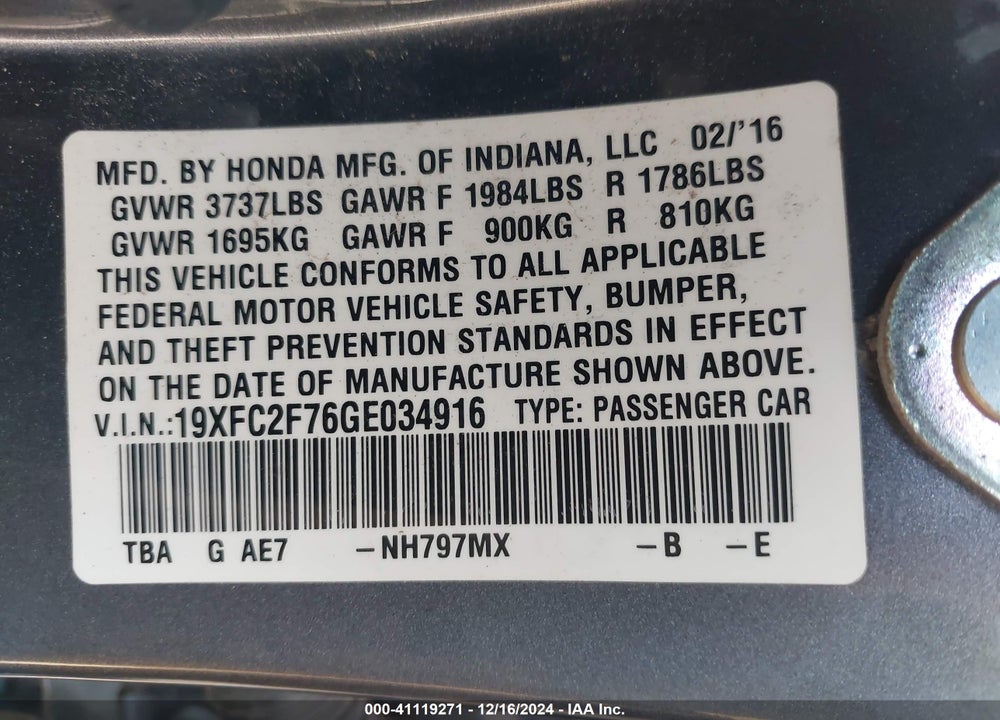 2016 HONDA CIVIC VIN: 19XFC2F76GE034916