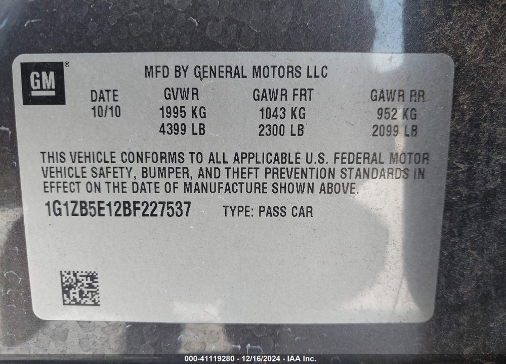 2011 CHEVROLET MALIBU LS VIN: 1G1ZB5E12BF227537