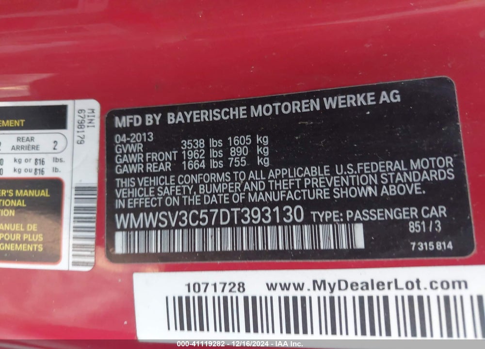 2013 MINI HARDTOP VIN: WMWSV3C57DT393130
