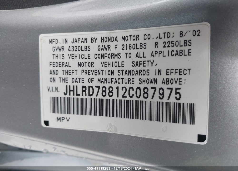 2002 HONDA CR-V EX VIN: JHLRD78812C087975