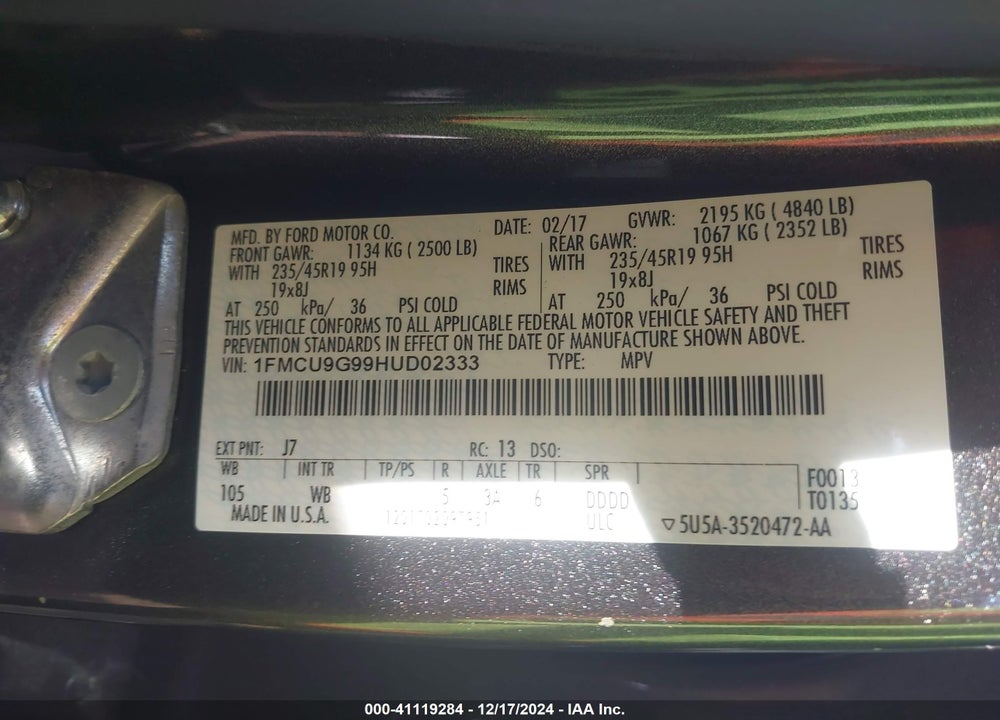 2017 FORD ESCAPE SE VIN: 1FMCU9G99HUD02333