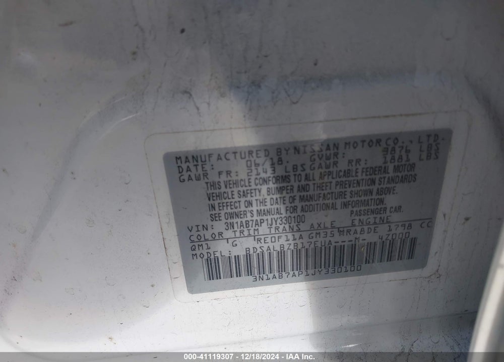 2018 NISSAN SENTRA VIN: 3N1AB7AP1JY330100