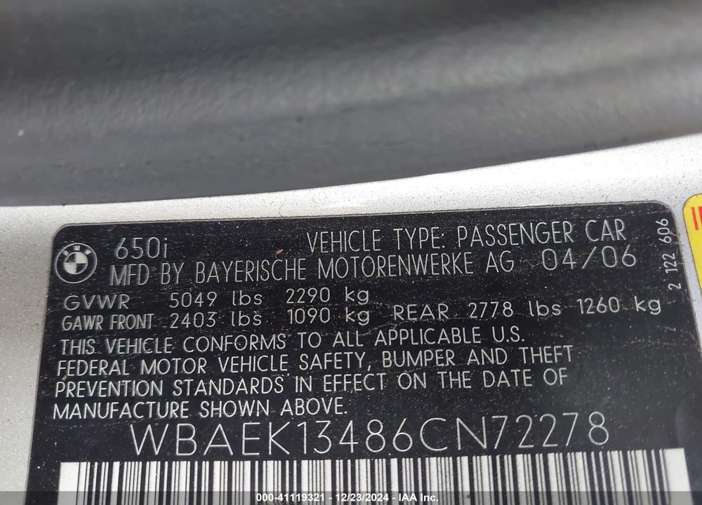 2006 BMW 650I VIN: WBAEK13486CN72278