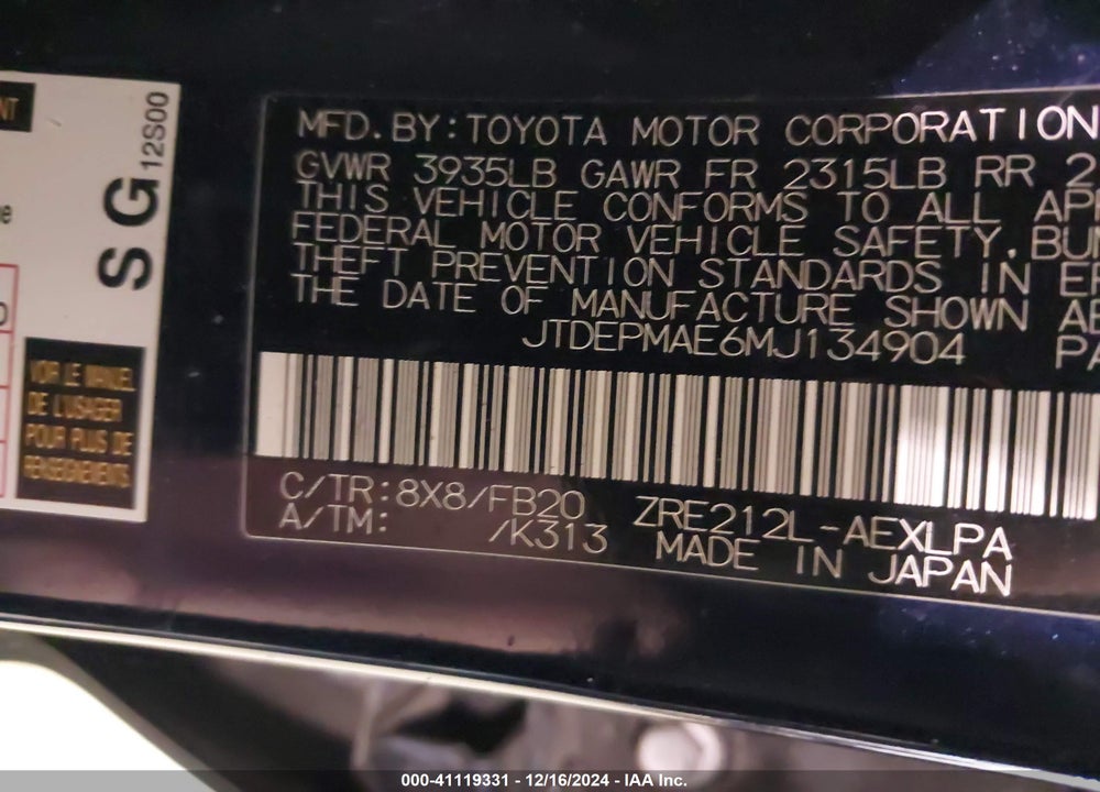 2021 TOYOTA COROLLA LE VIN: JTDEPMAE6MJ134904
