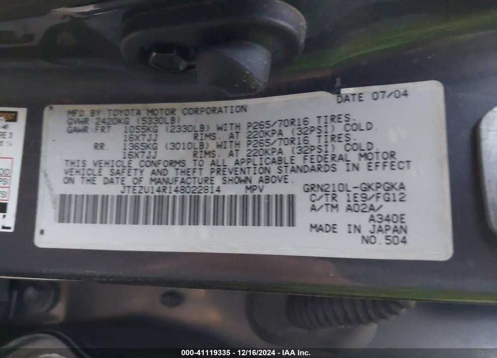 2004 TOYOTA 4RUNNER SR5 V6 VIN: JTEZU14R148022814