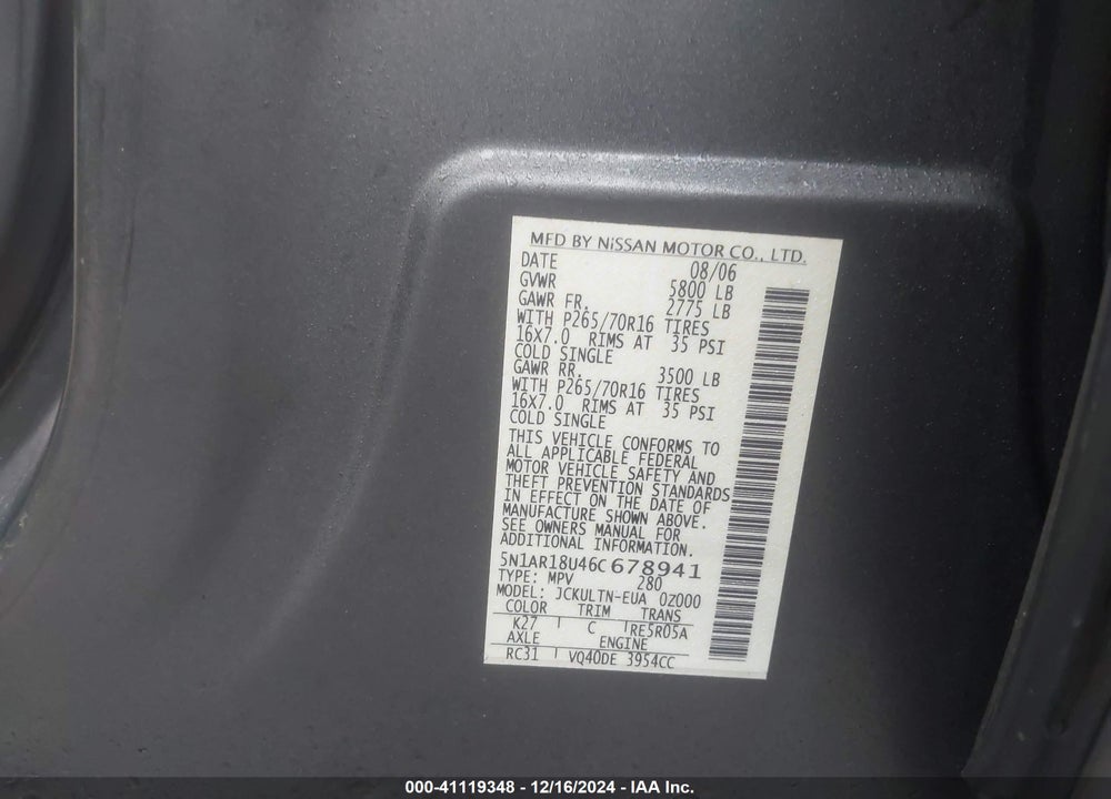 2006 NISSAN PATHFINDER SE VIN: 5N1AR18U46C678941