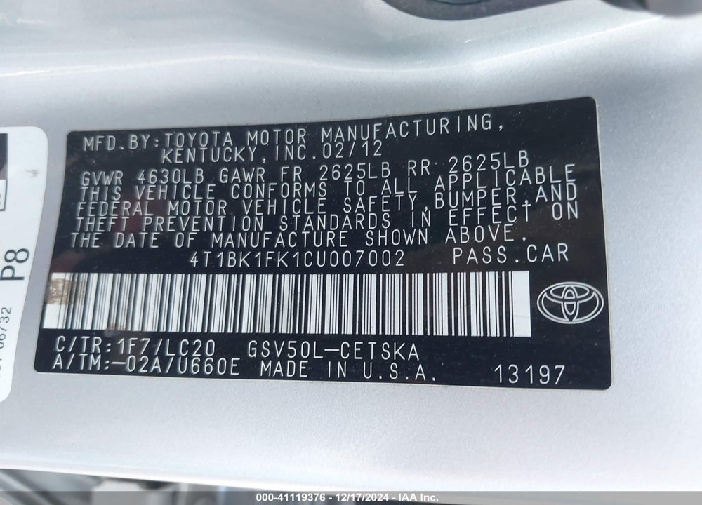 2012 TOYOTA CAMRY VIN: 4T1BK1FK1CU007002