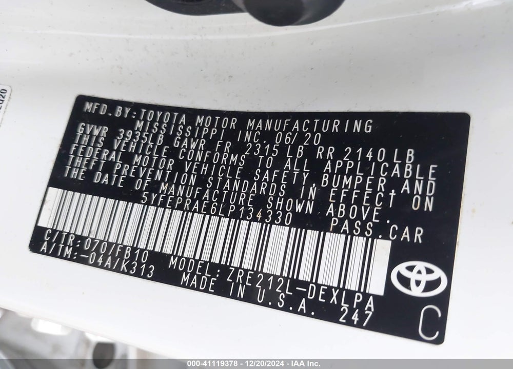 2020 TOYOTA COROLLA VIN: 5YFEPRAE6LP134330