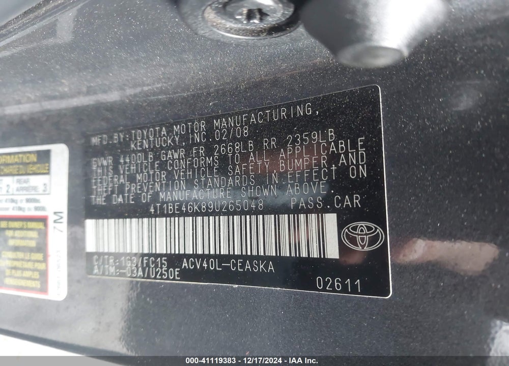 2009 TOYOTA CAMRY SE VIN: 4T1BE46K89U265048