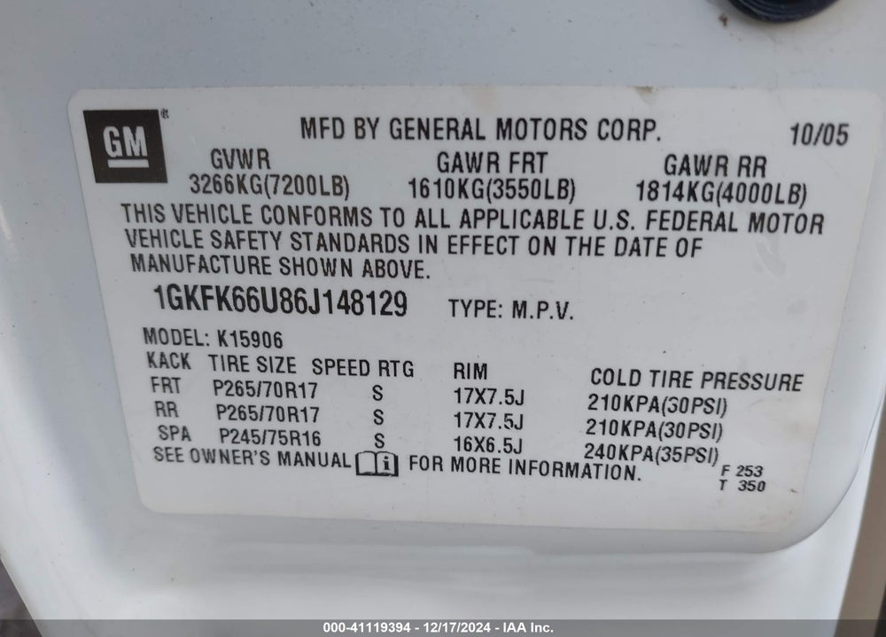 2006 GMC YUKON XL 1500 DENALI VIN: 1GKFK66U86J148129