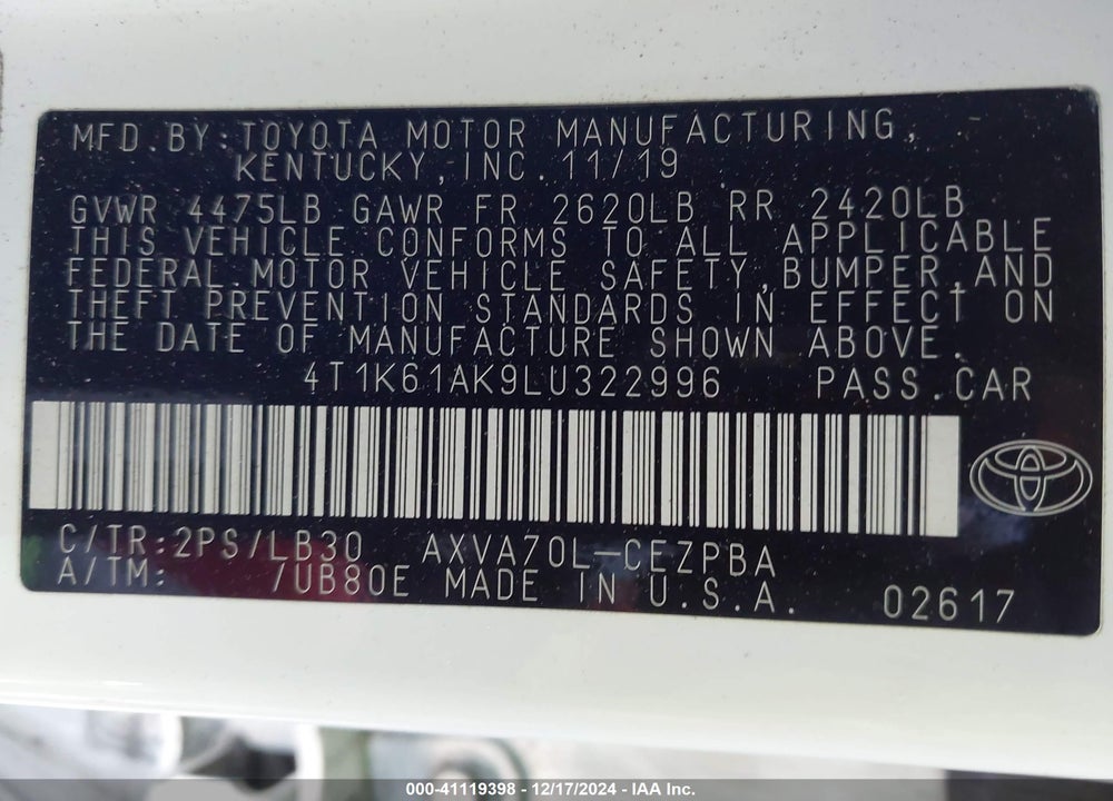 2020 TOYOTA CAMRY XSE VIN: 4T1K61AK9LU322996
