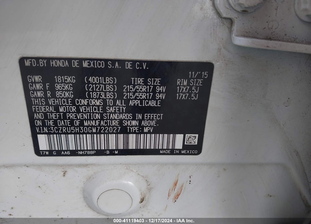 2016 HONDA HR-V LX VIN: 3CZRU5H30GM722027
