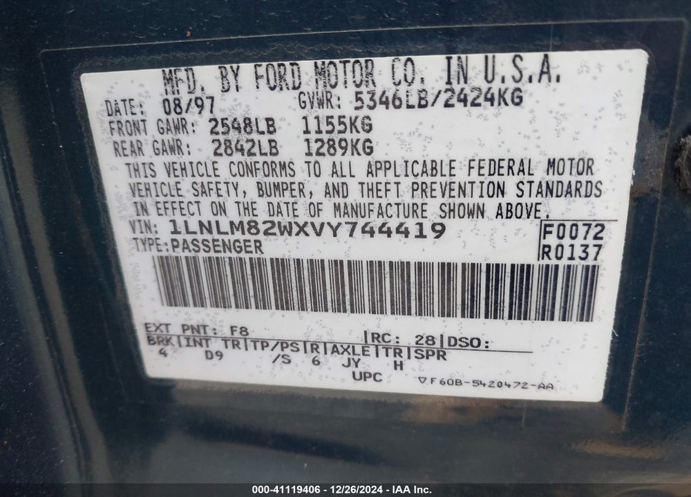 1997 LINCOLN TOWN CAR SIGNATURE VIN: 1LNLM82WXVY744419