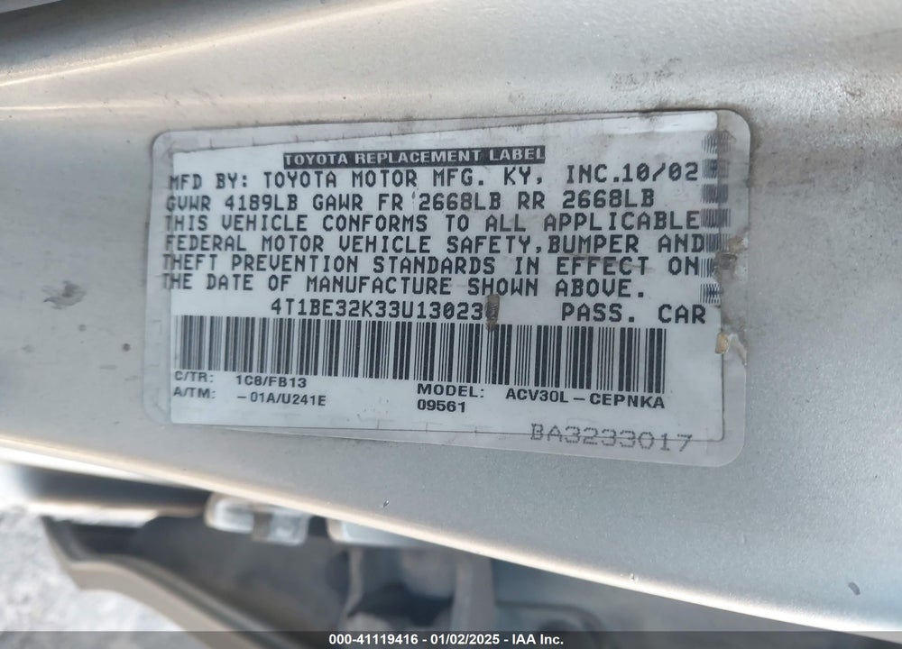 2003 TOYOTA CAMRY LE VIN: 4T1BE32K33U130230