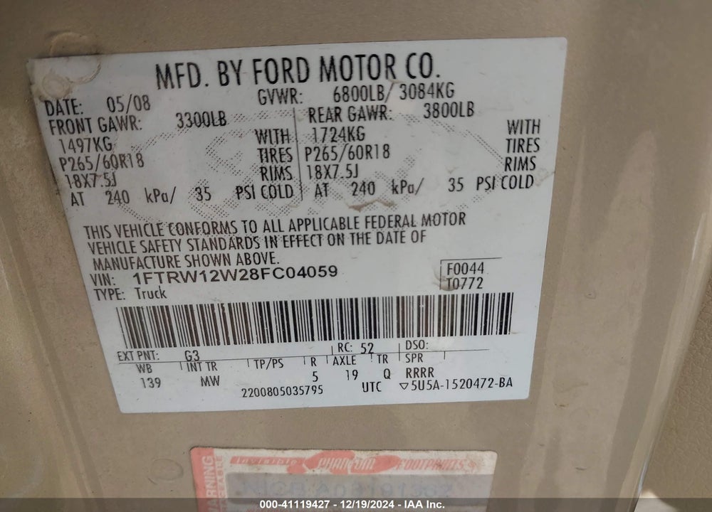 2008 FORD F150 VIN: 1FTRW12W28FC04059