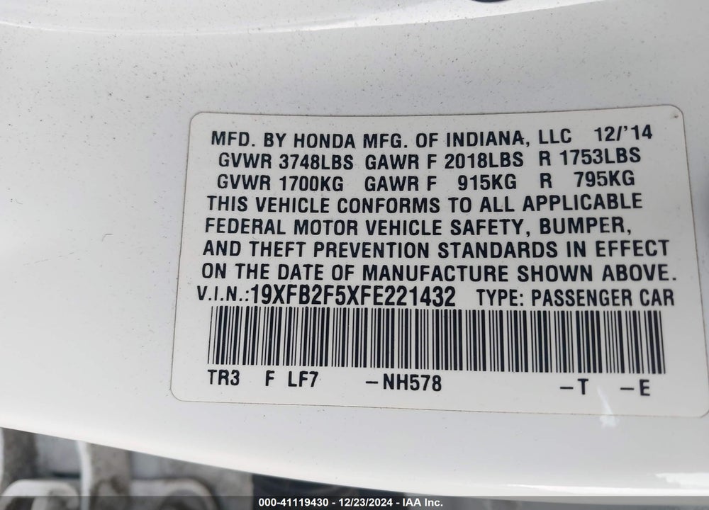 2015 HONDA CIVIC LX VIN: 19XFB2F5XFE221432