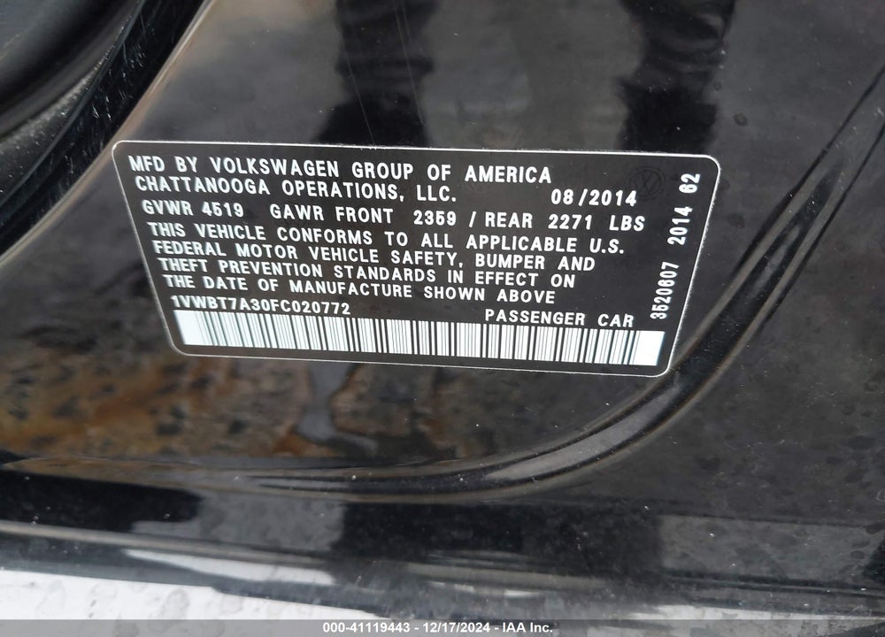 2015 VOLKSWAGEN PASSAT VIN: 1VWBT7A30FC020772