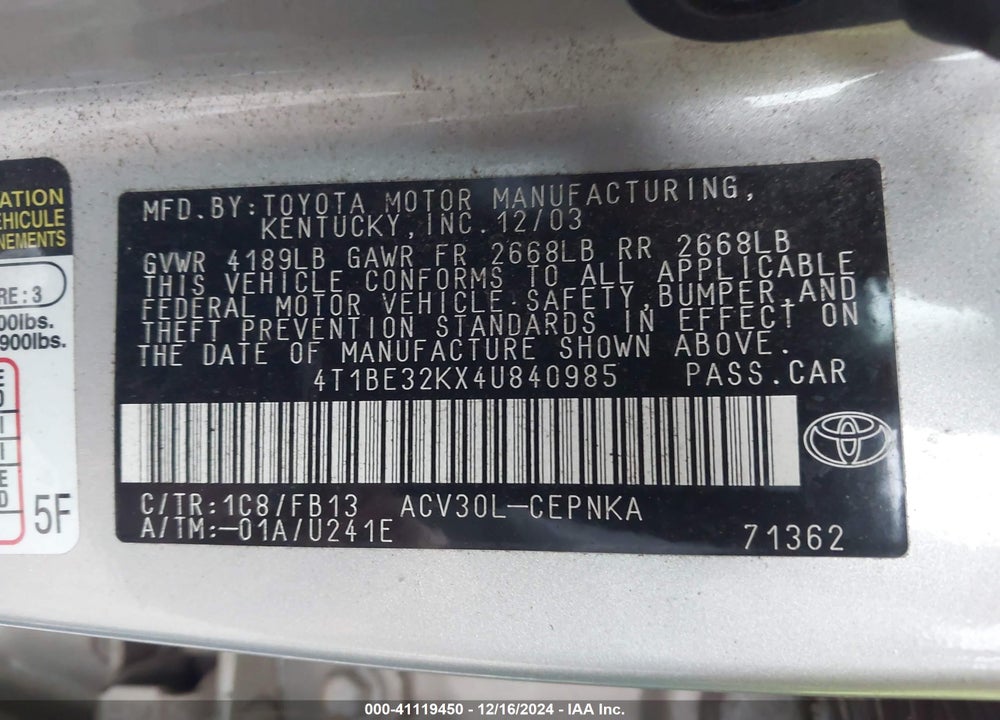 2004 TOYOTA CAMRY LE VIN: 4T1BE32KX4U840985