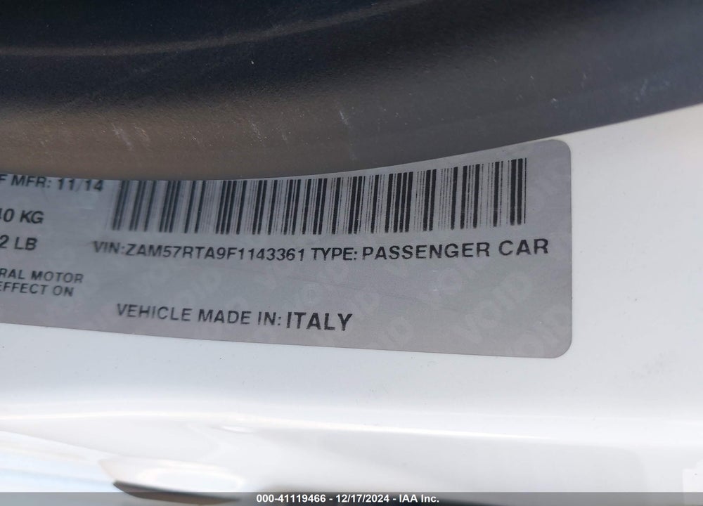 2015 MASERATI GHIBLI VIN: ZAM57RTA9F1143361