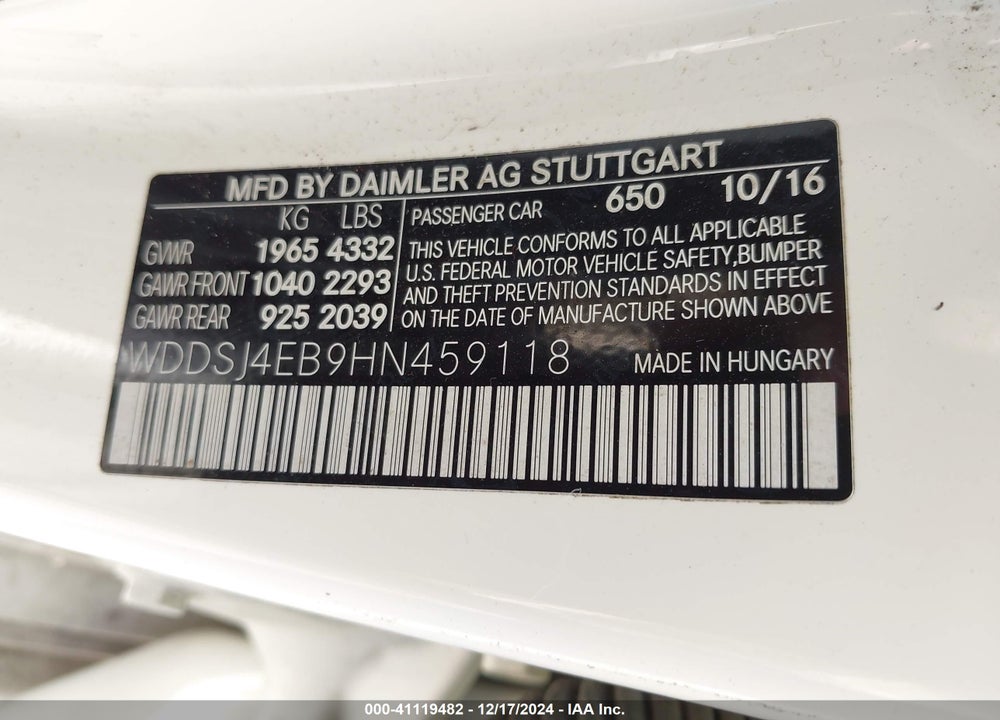 2017 MERCEDES-BENZ CLA 250 VIN: WDDSJ4EB9HN459118
