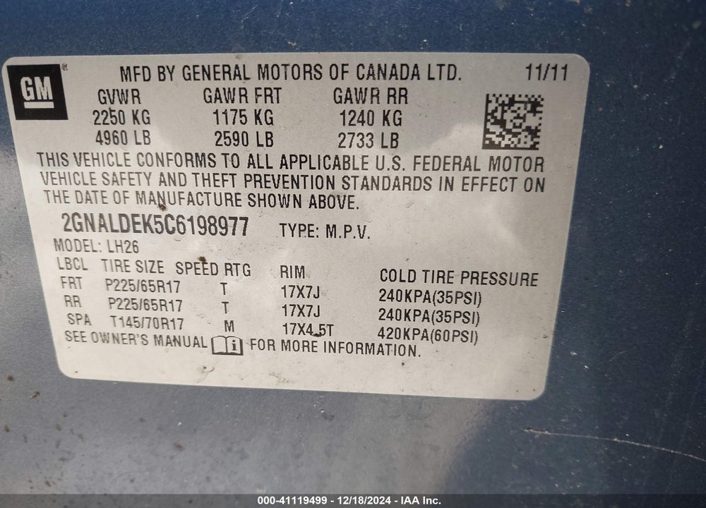 2012 CHEVROLET EQUINOX 1LT VIN: 2GNALDEK5C6198977