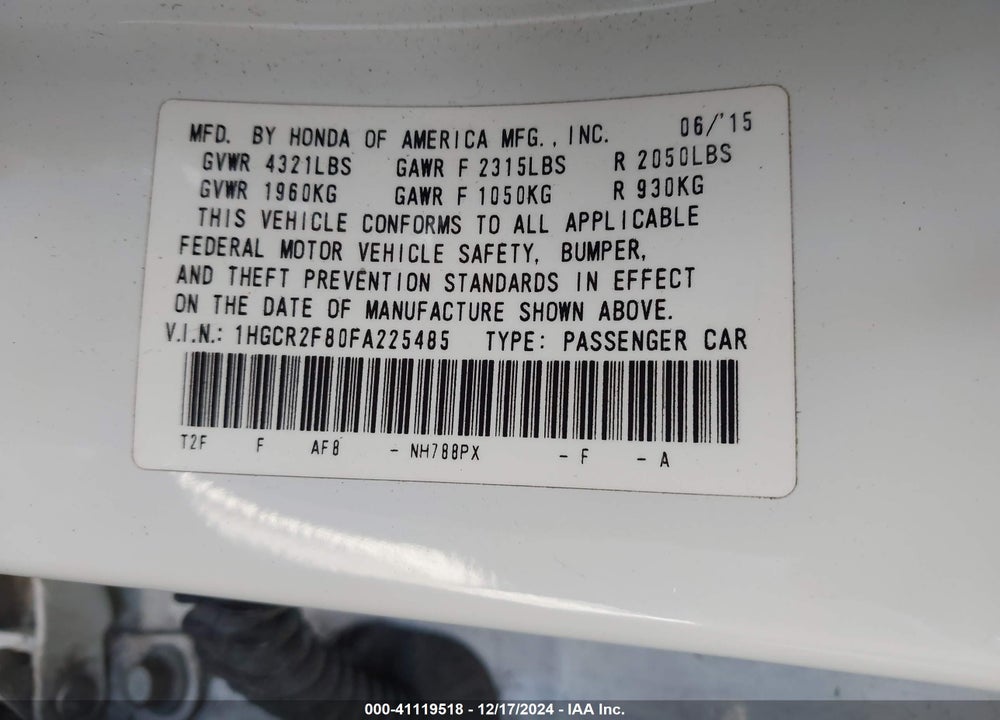 2015 HONDA ACCORD EX-L VIN: 1HGCR2F80FA225485