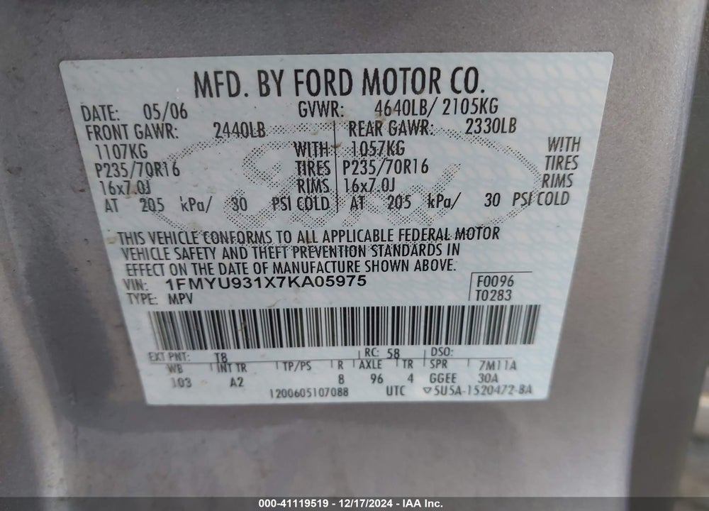 2007 FORD ESCAPE XLT/XLT SPORT VIN: 1FMYU931X7KA05975