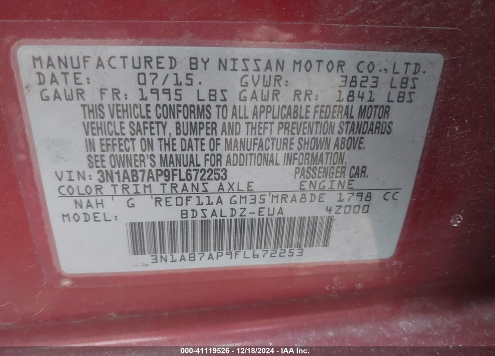 2015 NISSAN SENTRA FE+ S/S/SL/SR/SV VIN: 3N1AB7AP9FL672253