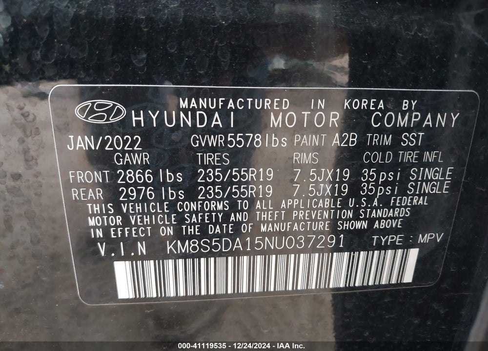 2022 HYUNDAI SANTA FE HYBRID LIMITED VIN: KM8S5DA15NU037291