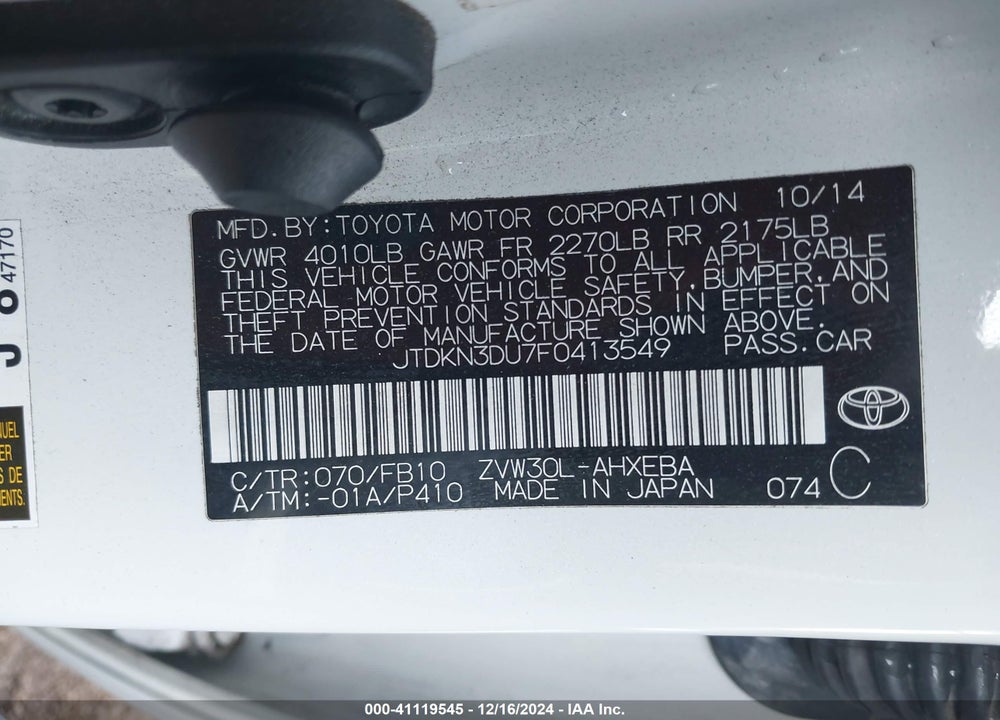 2015 TOYOTA PRIUS VIN: JTDKN3DU7F0413549
