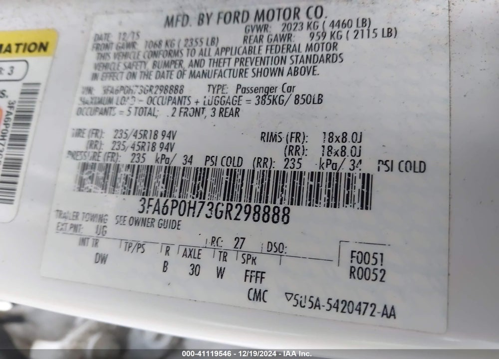 2016 FORD FUSION SE VIN: 3FA6P0H73GR298888