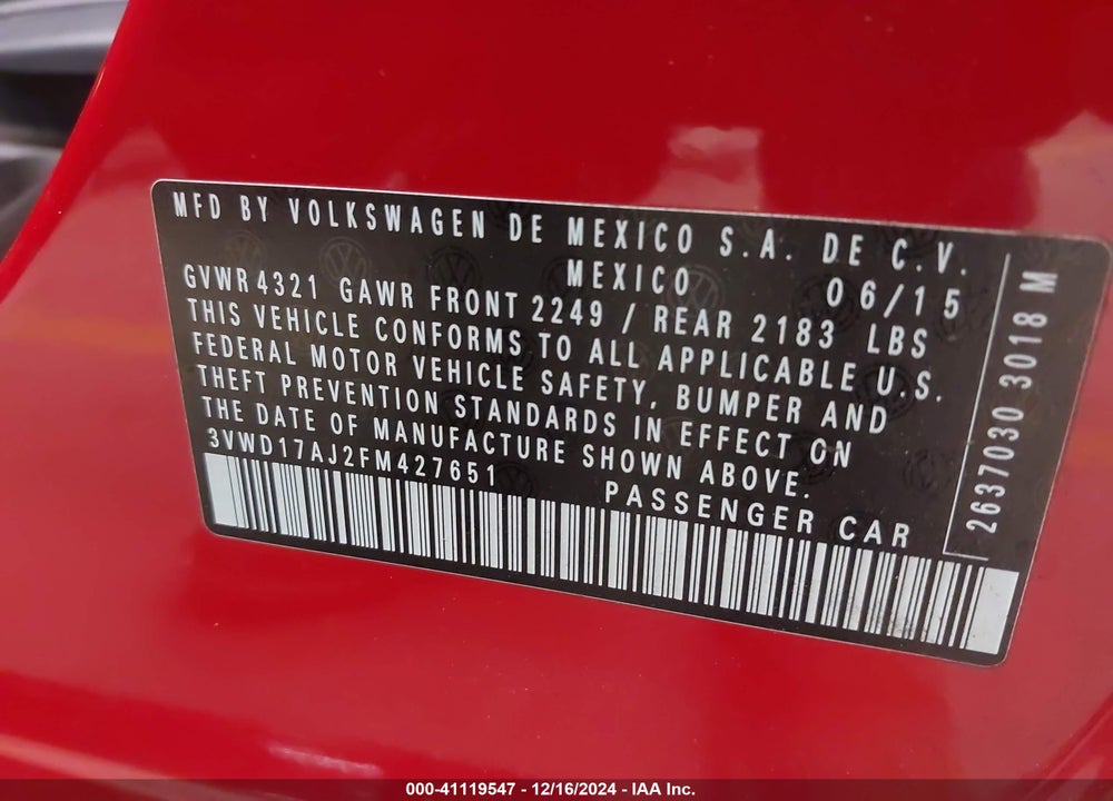 2015 VOLKSWAGEN JETTA 1.8T SPORT VIN: 3VWD17AJ2FM427651