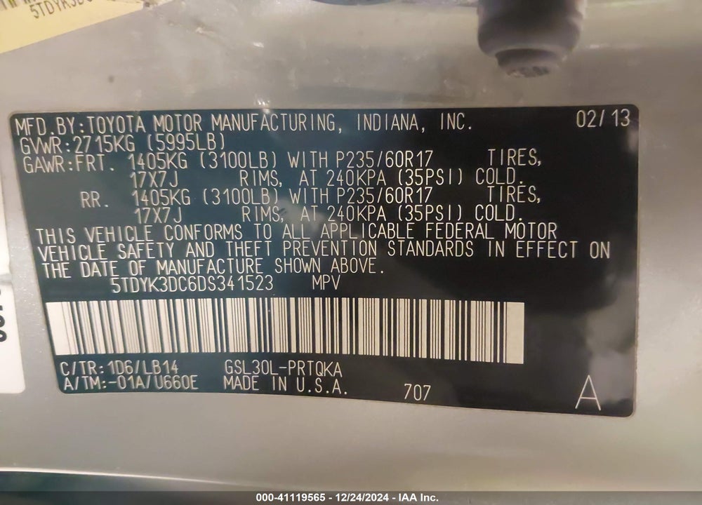 2013 TOYOTA SIENNA XLE LIMITED VIN: 5TDYK3DC6DS341523