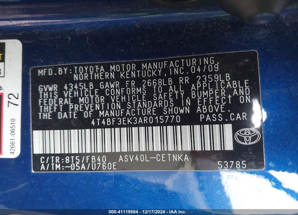 2010 TOYOTA CAMRY LE VIN: 4T4BF3EK3AR015770
