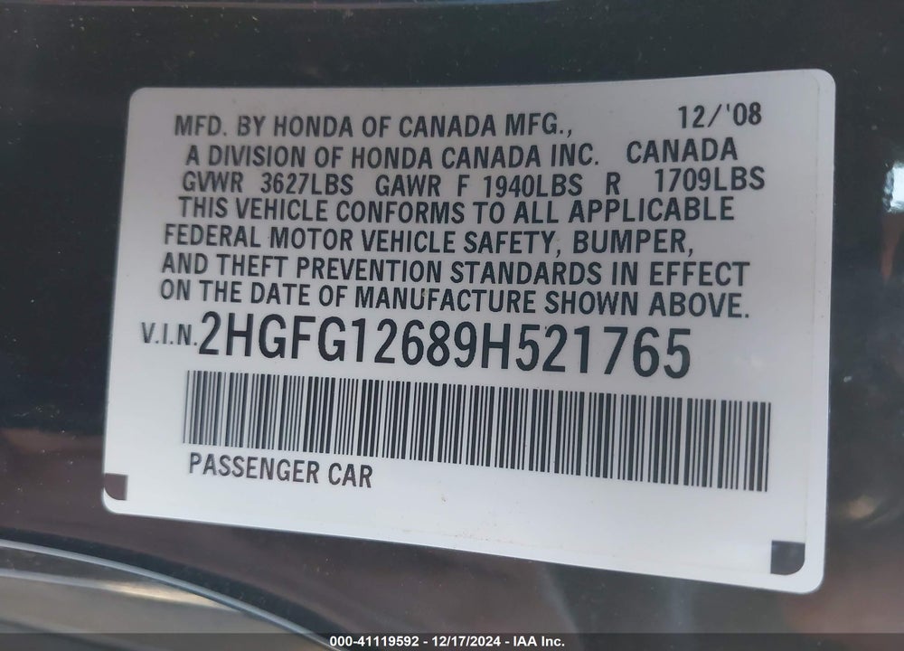 2009 HONDA CIVIC LX VIN: 2HGFG12689H521765