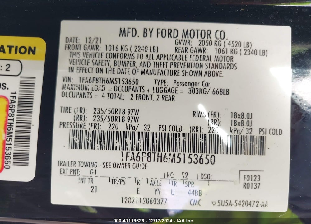 2021 FORD MUSTANG VIN: 1FA6P8TH6M5153650