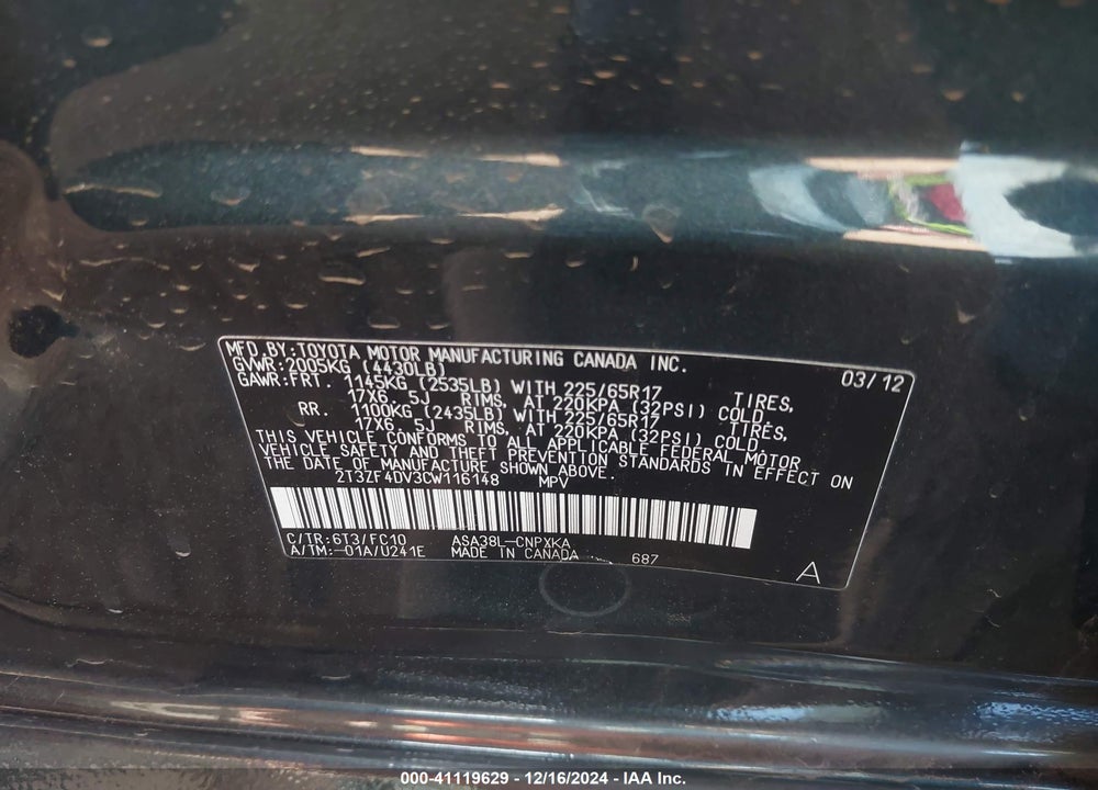 2012 TOYOTA RAV4 VIN: 2T3ZF4DV3CW116148