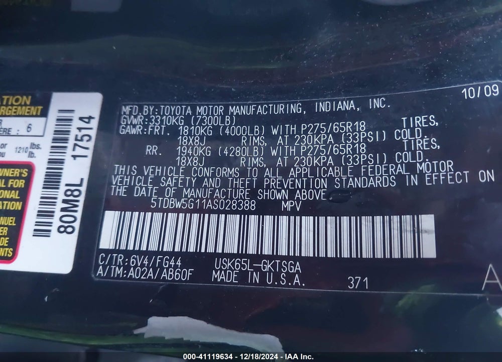 2010 TOYOTA SEQUOIA SR5 5.7L V8 VIN: 5TDBW5G11AS028388