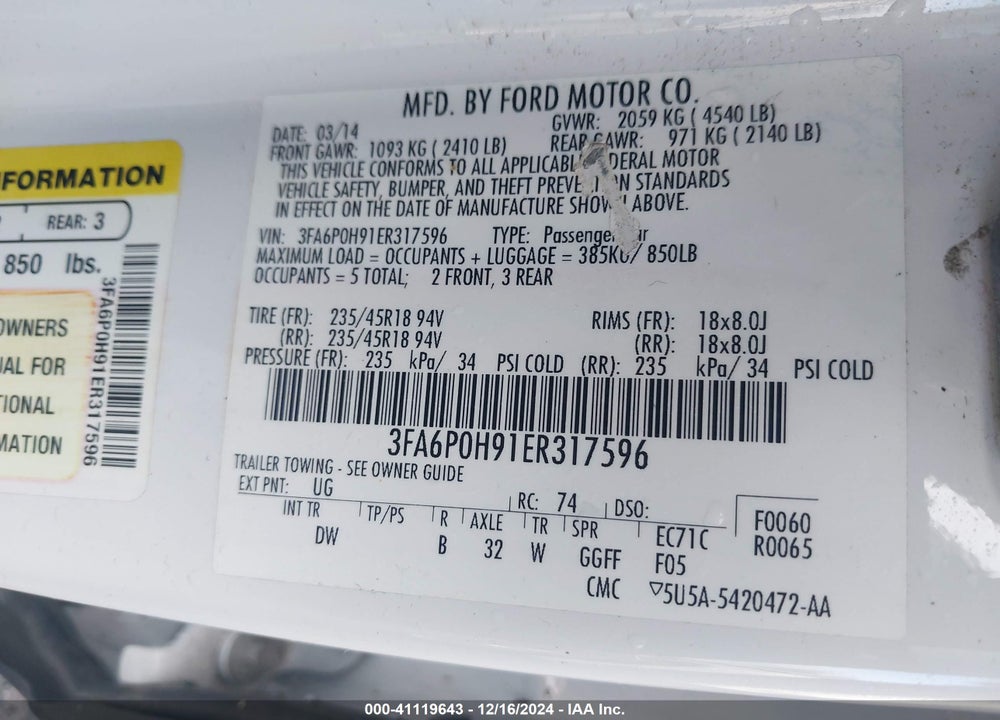 2014 FORD FUSION SE VIN: 3FA6P0H91ER317596