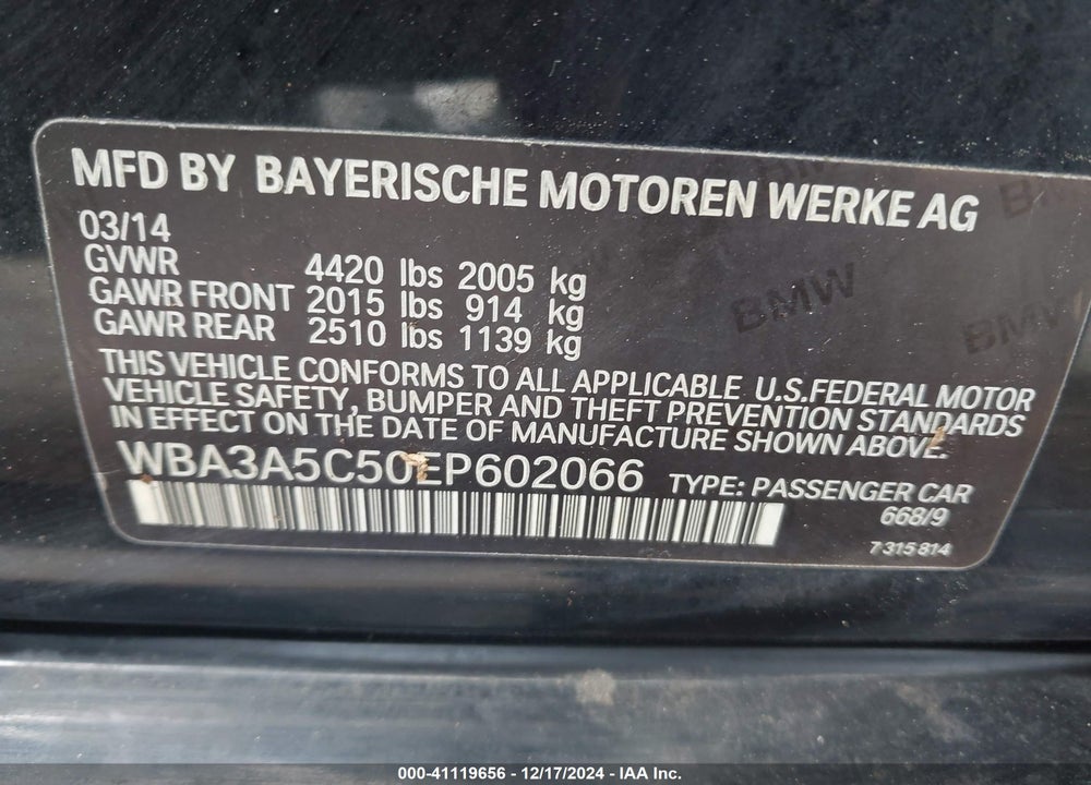 2014 BMW 328I VIN: WBA3A5C50EP602066
