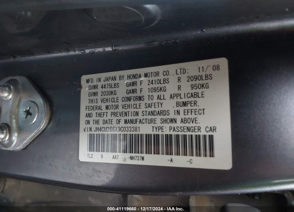 2009 ACURA TSX VIN: JH4CU266X9C033381