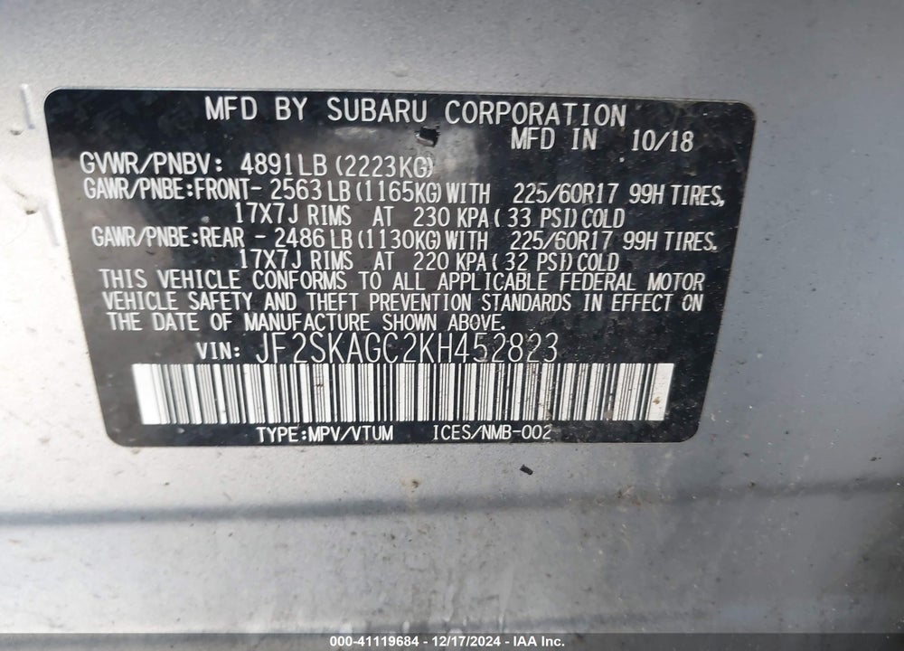 2019 SUBARU FORESTER PREMIUM VIN: JF2SKAGC2KH452823